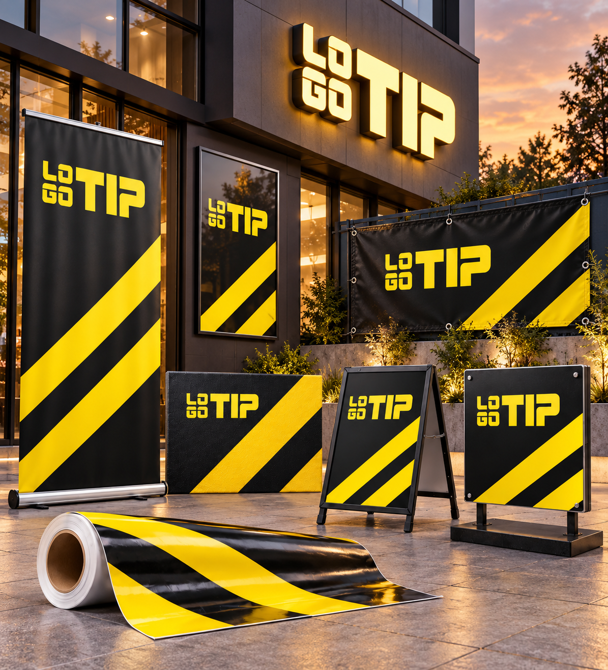 Vanjske reklame brenda LOGOTIP: svijetleća 3D reklama, baner, plakati, roll-up i reklamne table
